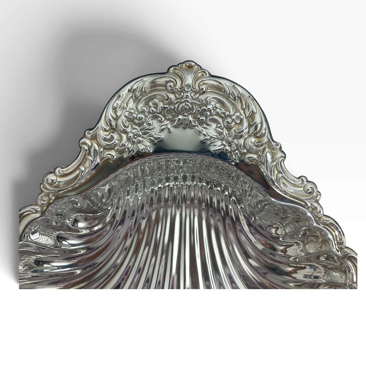 14" Vintage Silver Plated Scalloped Shell Dish Ornate Floral Handle Trinket Tray
