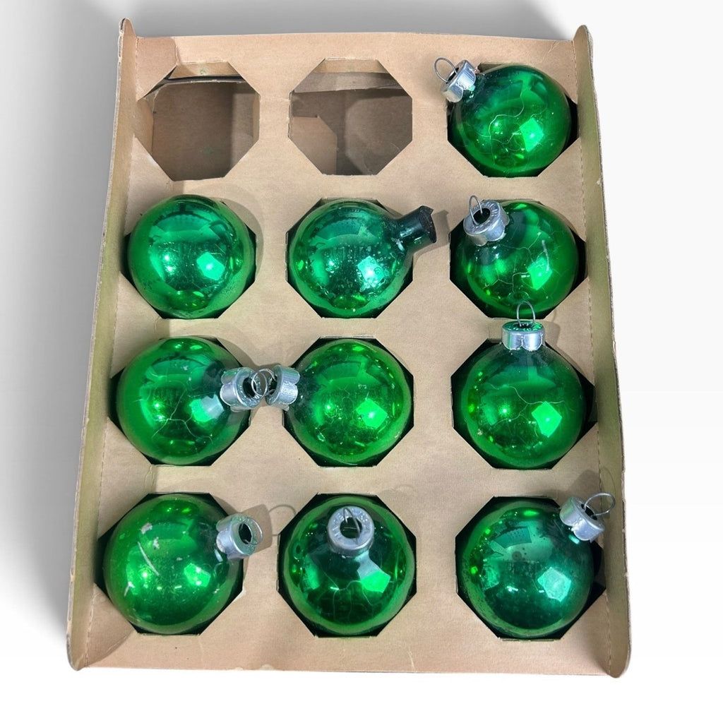 Vintage Holly Green Glass Christmas Ornaments Set of 10 Made in USA #175