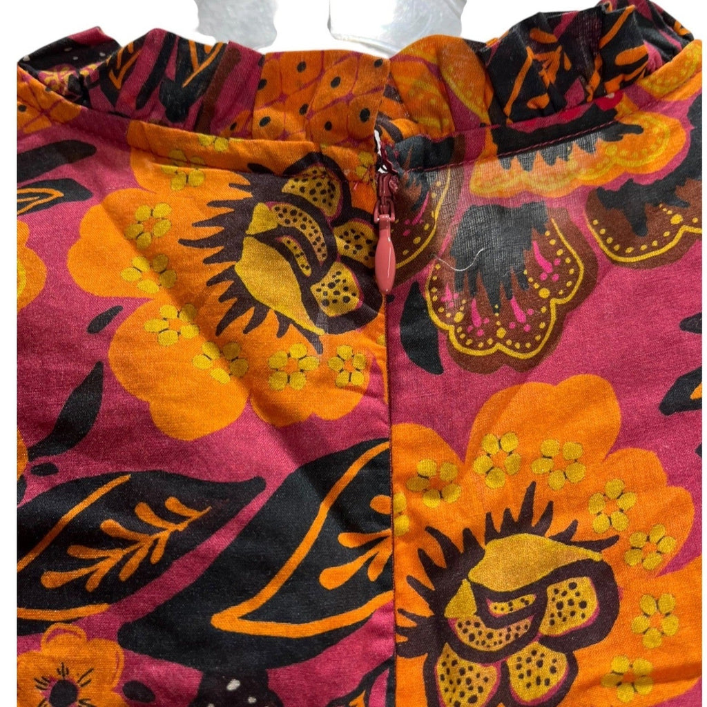 Farm Rio Garden Bloom Smocked Floral Crop Blouse Pink Orange Size M