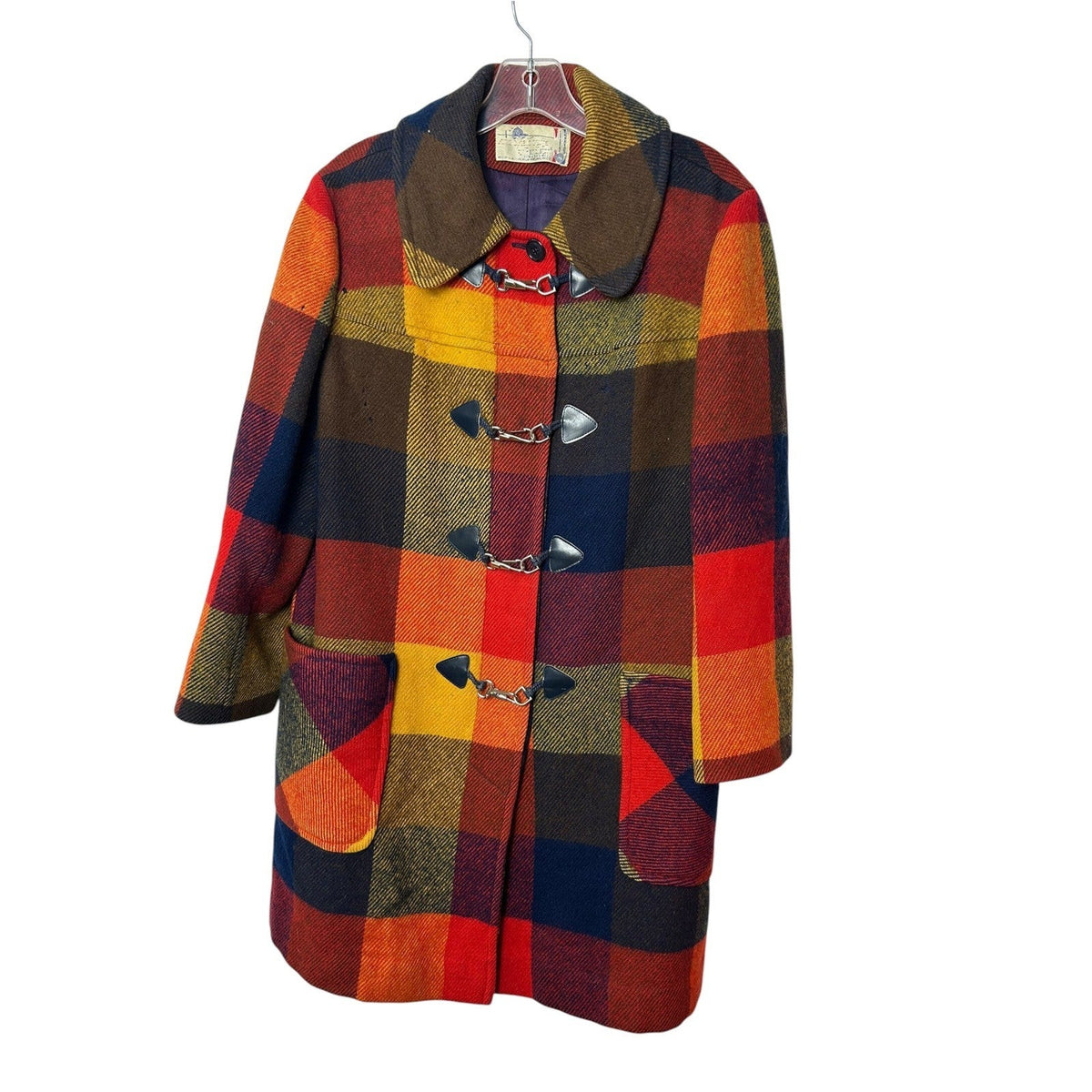 Vintage Pendleton Knockabouts Wool Plaid Coat Lobster Claw Toggle Red Orange L