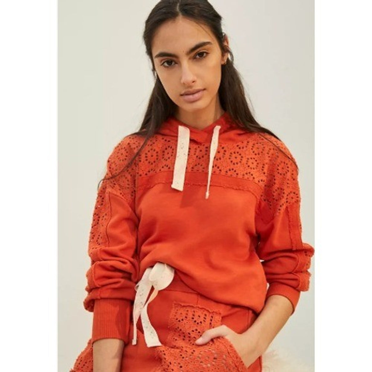 Daily Practice by Anthropologie Robyn Crochet Hoodie Orange Eyelet Medium