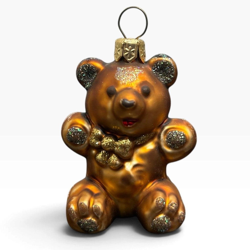 Small Amber Blown Glass Teddy Bear Christmas Ornament with Glitter Accents 2in