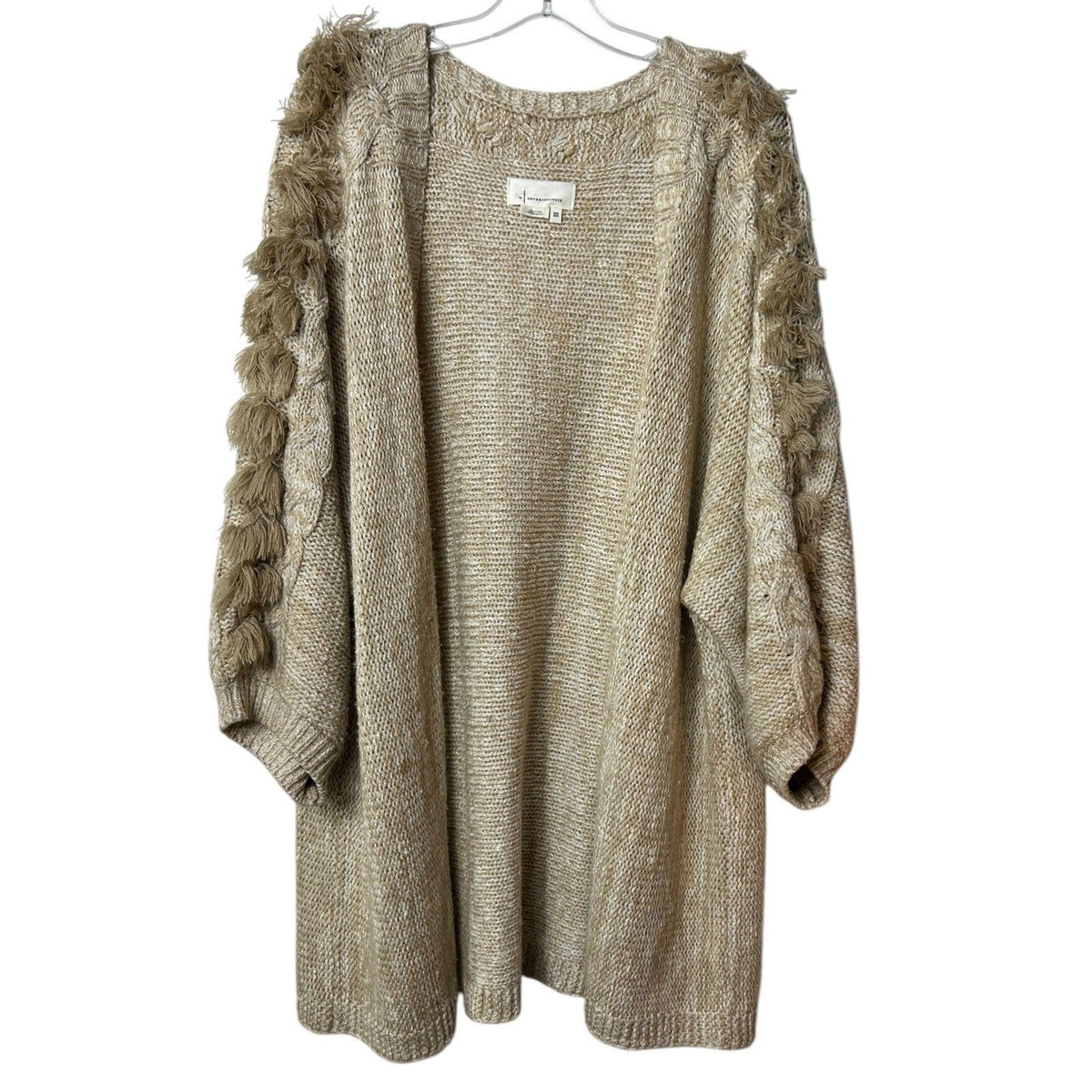 Anthropologie Braided Tassel Cardigan Oatmeal Beige Chunky Knit OS OVERSIZED