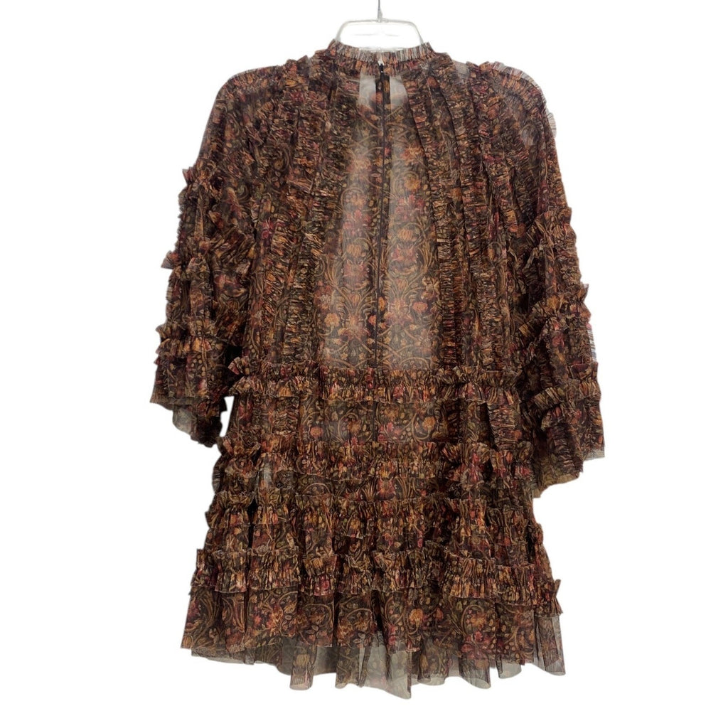 Mac Duggal Floral Print Long Flare Sleeve Mesh Ruffle Tiered A-Line Dress 8 fall