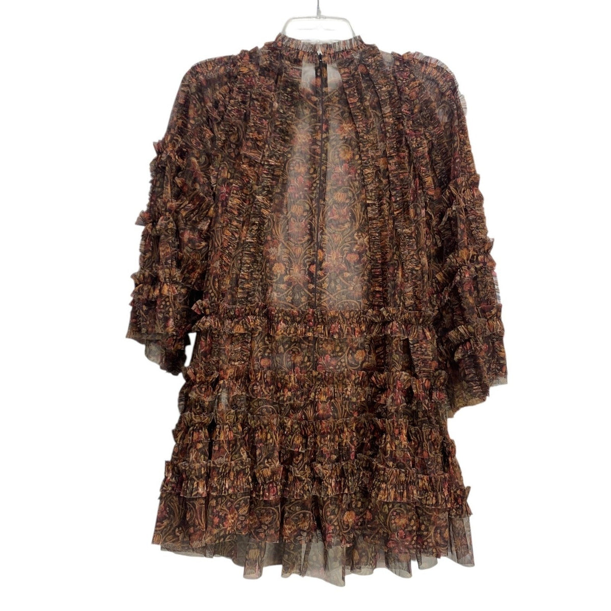 Mac Duggal Floral Print Long Flare Sleeve Mesh Ruffle Tiered A-Line Dress 8 fall