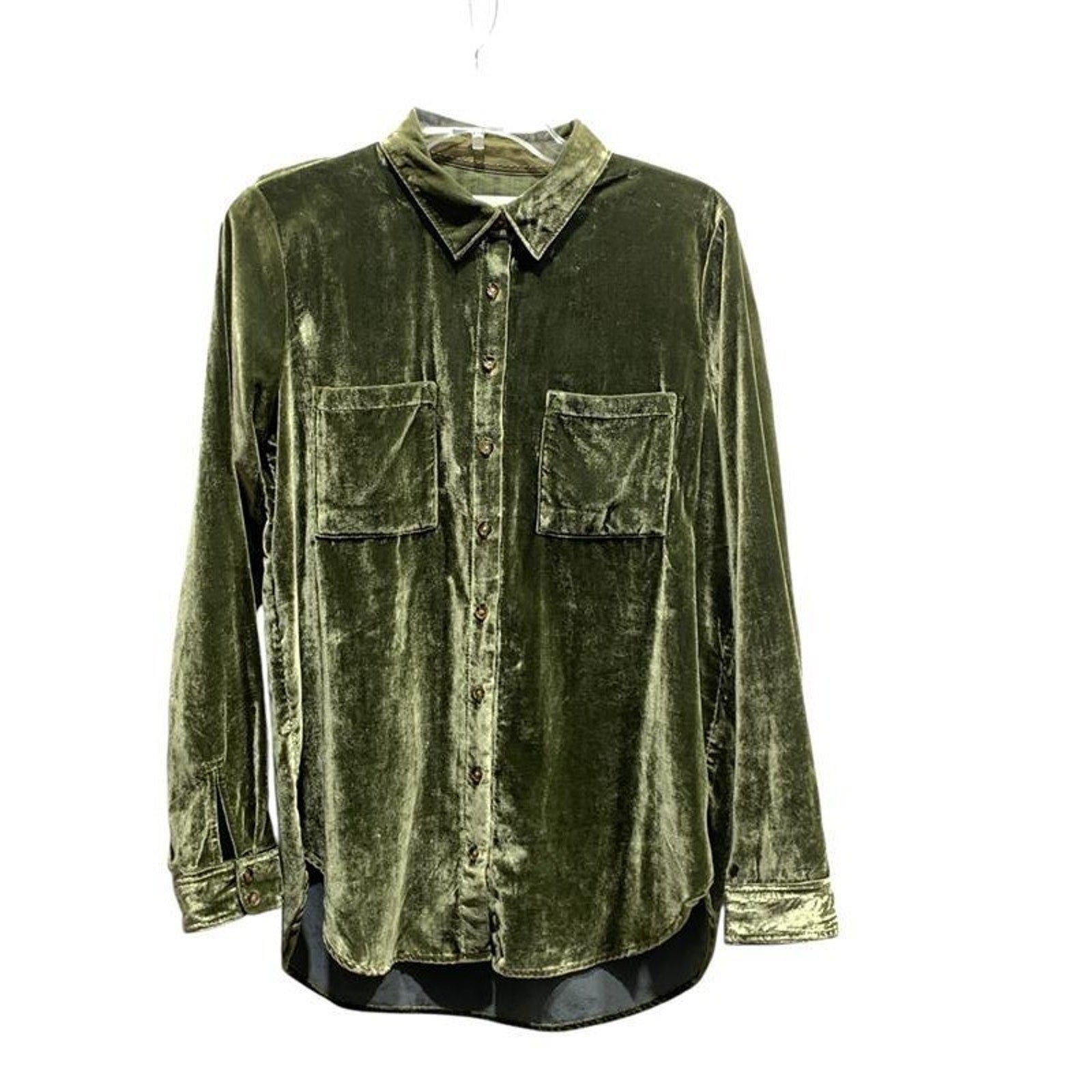 Maeve Anthropologie Olive Green Velvet Button Down Shirt Long Sleeve Womens Sz 6