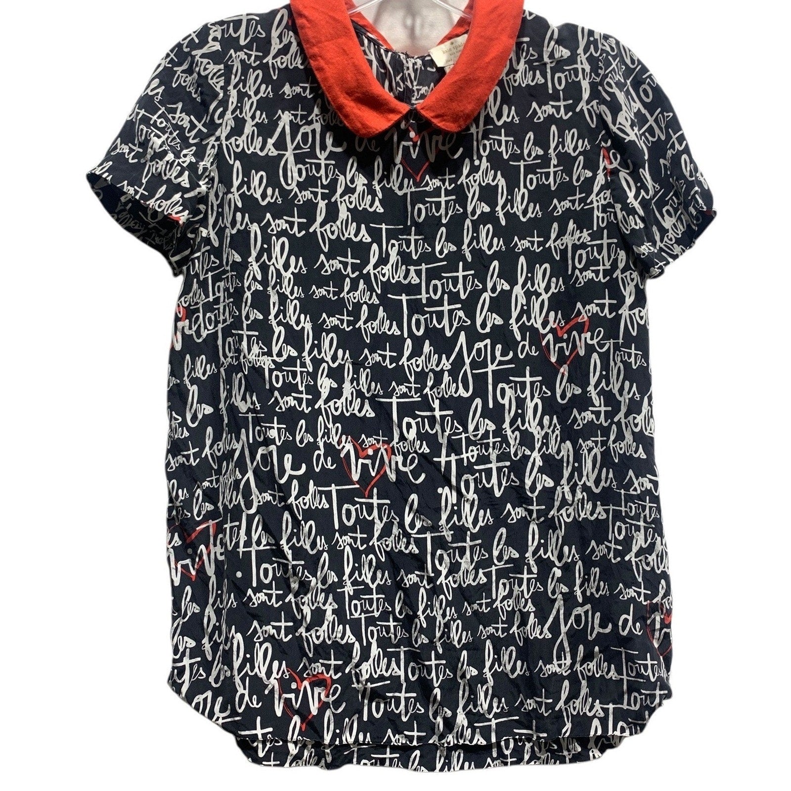 Kate Spade Toutes les Filles sont Folles Script Blouse Navy Red Collar Size 4