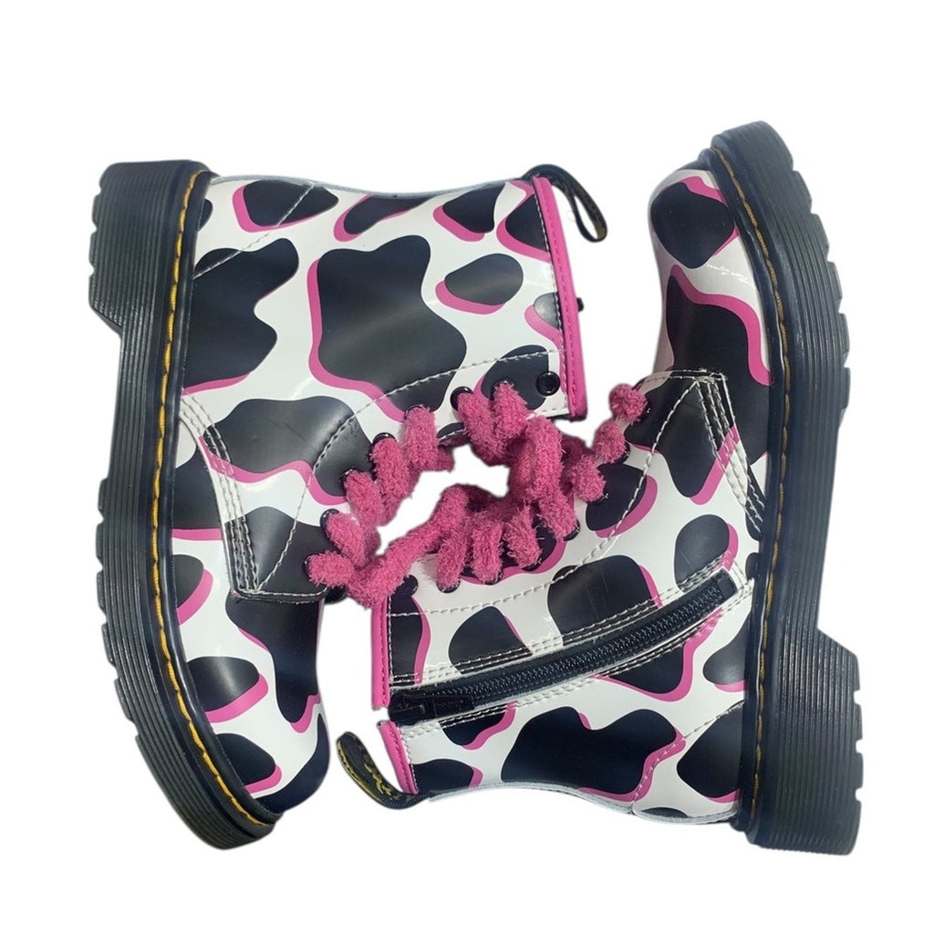 Kids Dr Martens Boots Cow Print Pink Laces Side Zip Youth Size 1