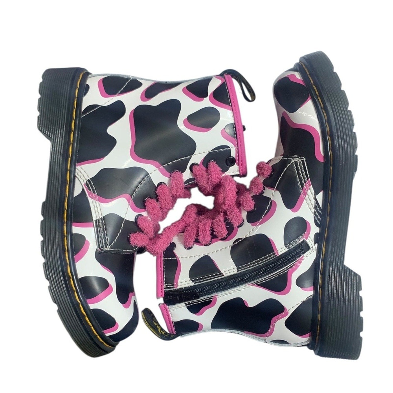 Kids Dr Martens Boots Cow Print Pink Laces Side Zip Youth Size 1
