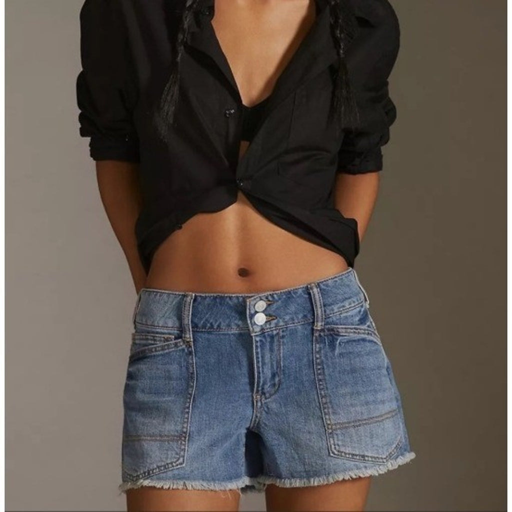 Pilcro The Wanderer Denim Shorts Blue Medium Wash Raw Hem Women 31 Anthropologie