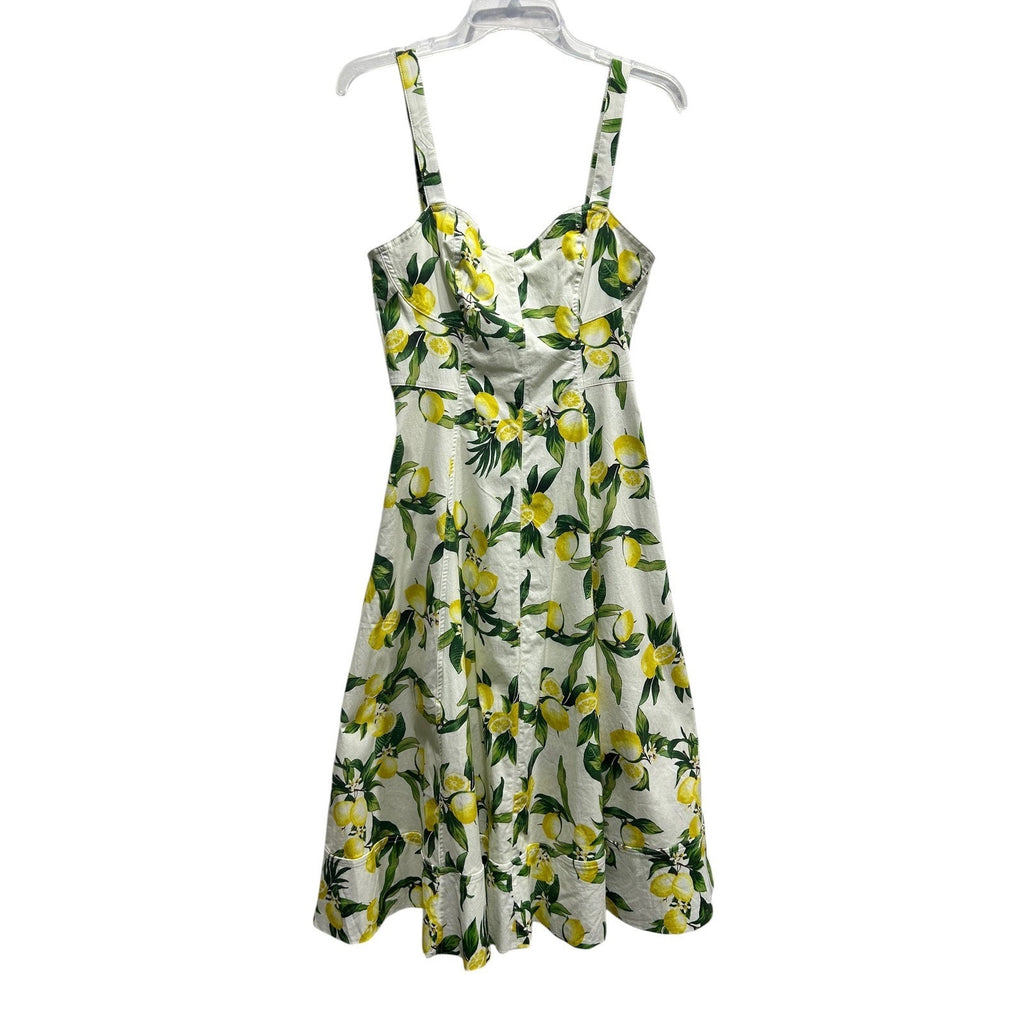 Avec Les Filles Lemon Print Midi Dress White Yellow Cotton Blend Size 6