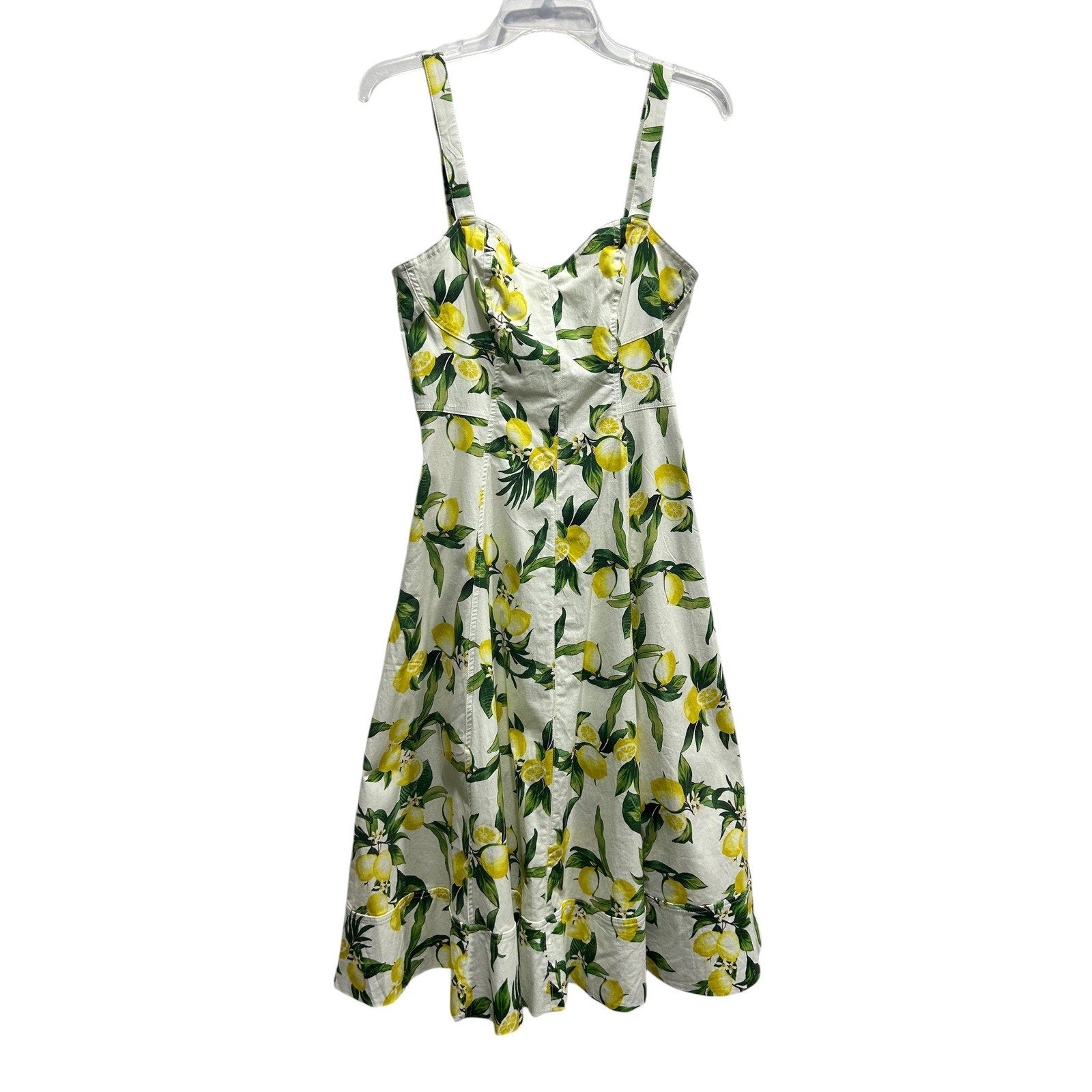 Avec Les Filles Lemon Print Midi Dress White Yellow Cotton Blend Size 6