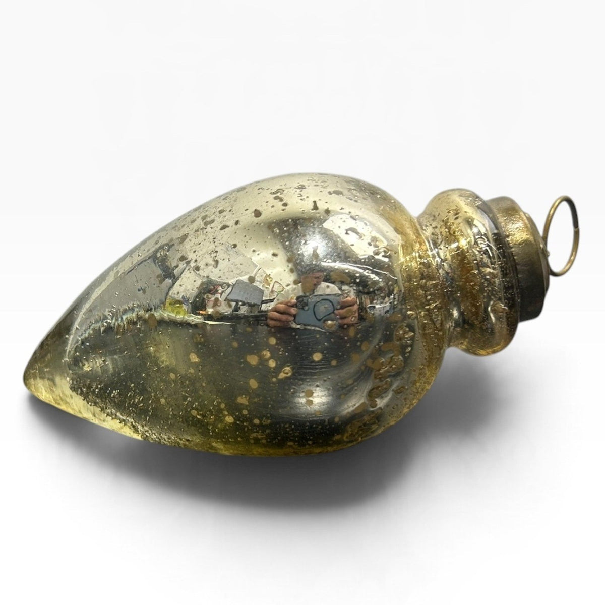 Modern Reprod Mercury Glass Teardrop Ornament Distressed Gold Silver Finial Cute