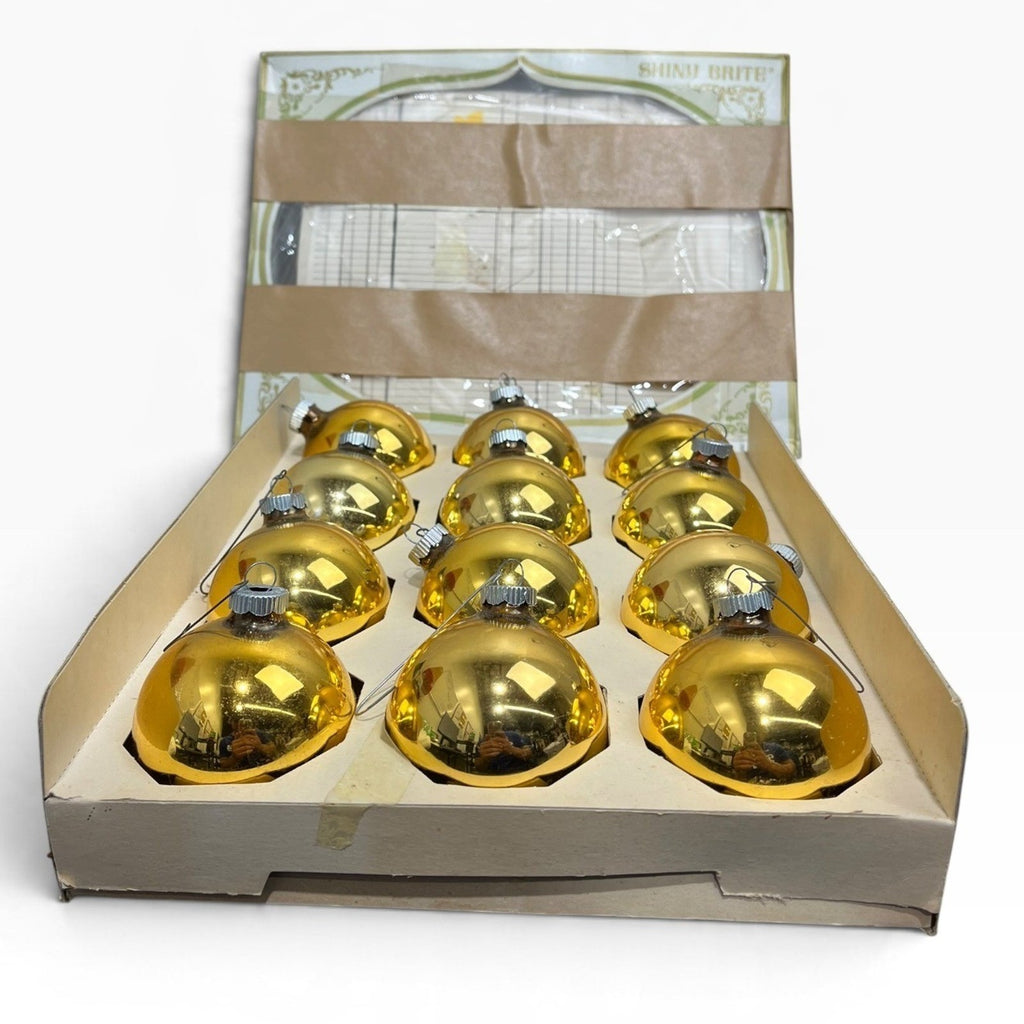 Vintage Shiny Brite Gold Glass Christmas Ornaments Set of 12 Mid Century MCM USA
