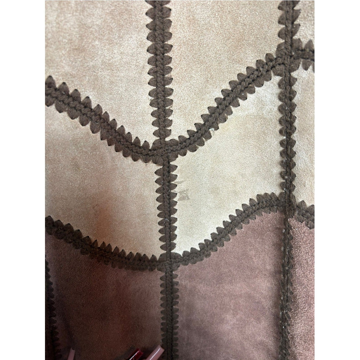 Young East Vintage 70s Patchwork Suede Leather Crochet Trim Midi Skirt Brown 7/8