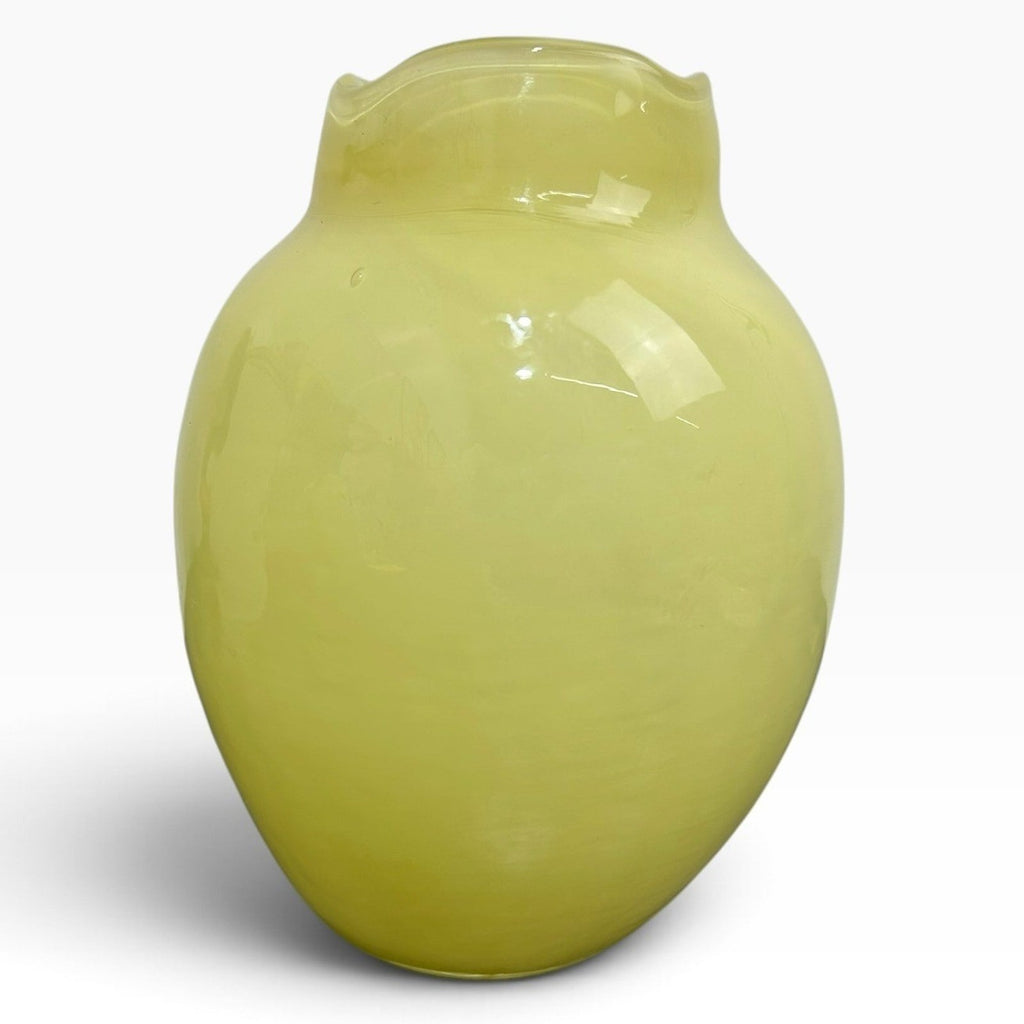 Anthropologie Yellow Glass Vase with Blue Applied Flowers Scalloped Rim 6.5in