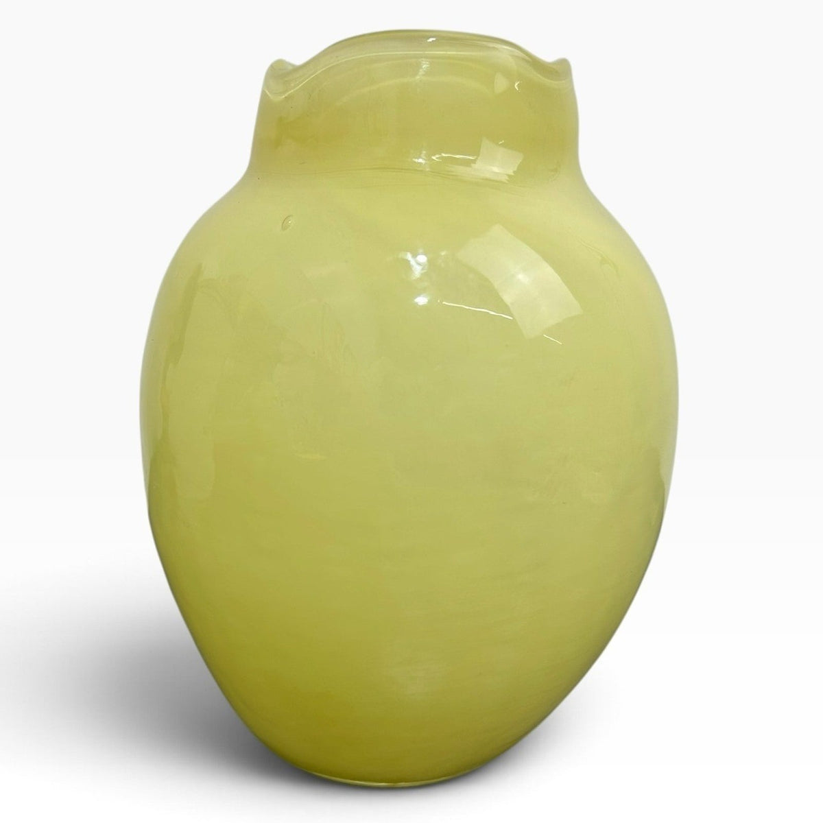 Anthropologie Yellow Glass Vase with Blue Applied Flowers Scalloped Rim 6.5in