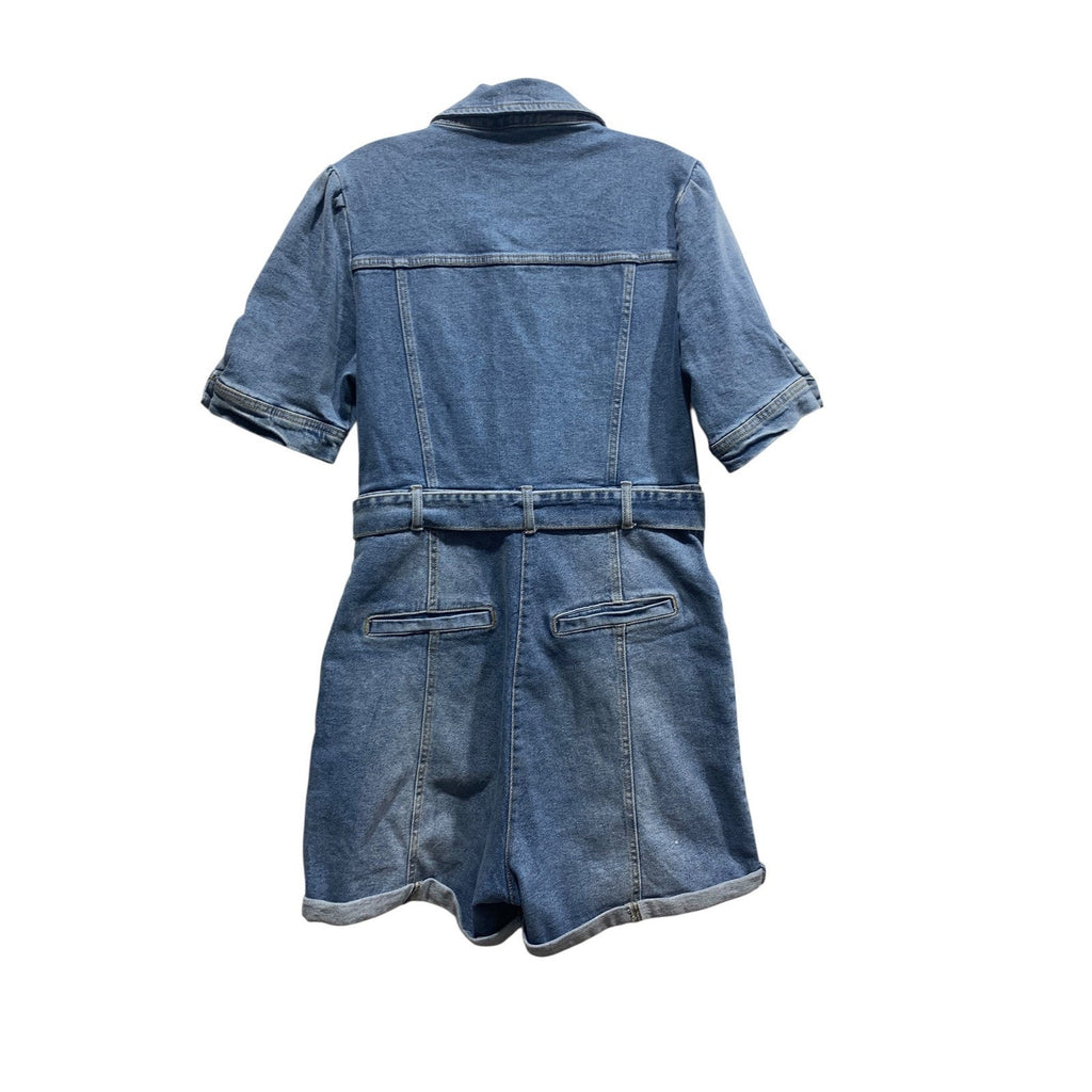 Avec Les Filles Womens Denim Romper Medium Wash Short Sleeve Belted Blue Size L