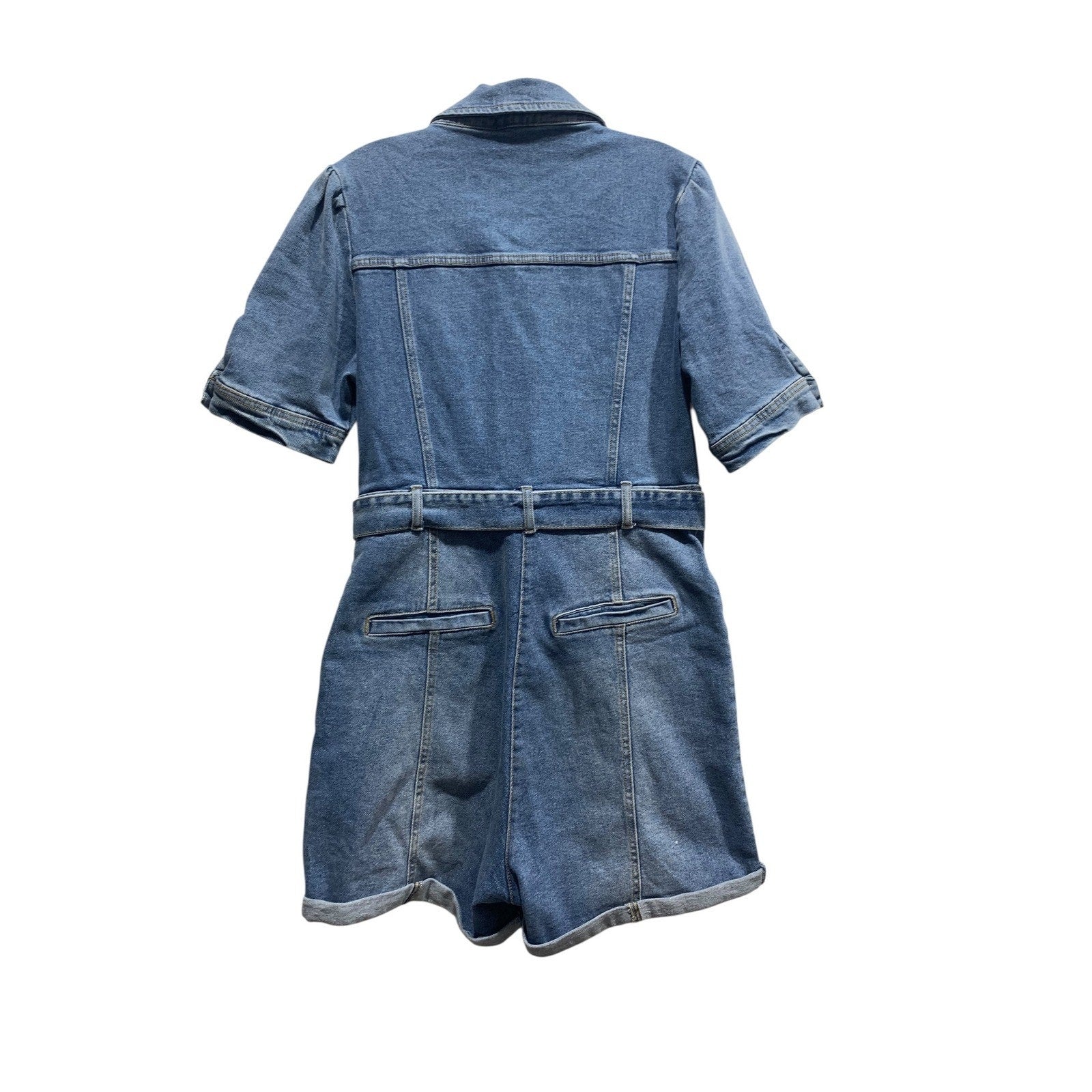 Avec Les Filles Womens Denim Romper Medium Wash Short Sleeve Belted Blue Size L