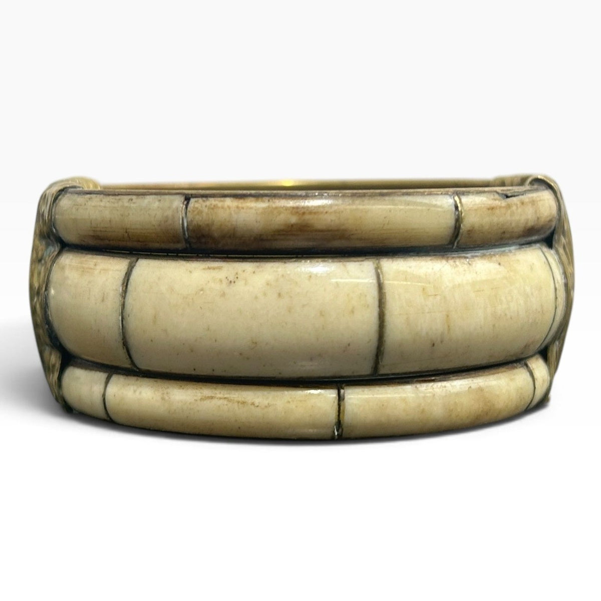 Vintage Brass and Bovine Bone Hinged Cuff Bracelet Ornate Scrollwork Pin Closure