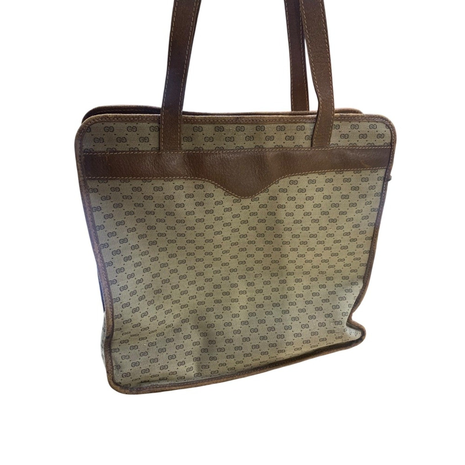 Vintage Gucci GG Monogram Tote Bag Handbag Purse Brown Leather Trim