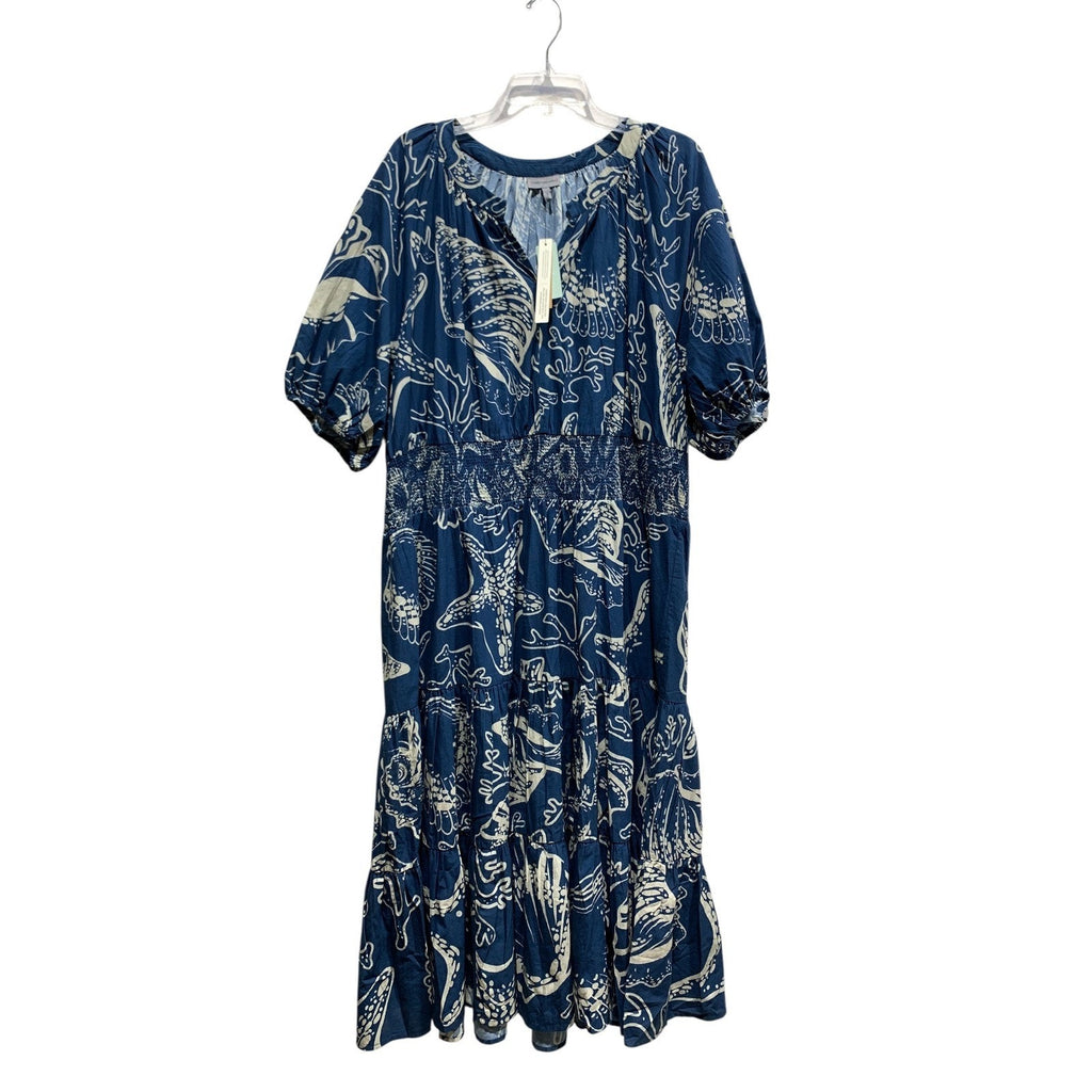 Conditions Apply Anthropologie Blue Shell Print Smocked Midi Dress 26W Plus NEW