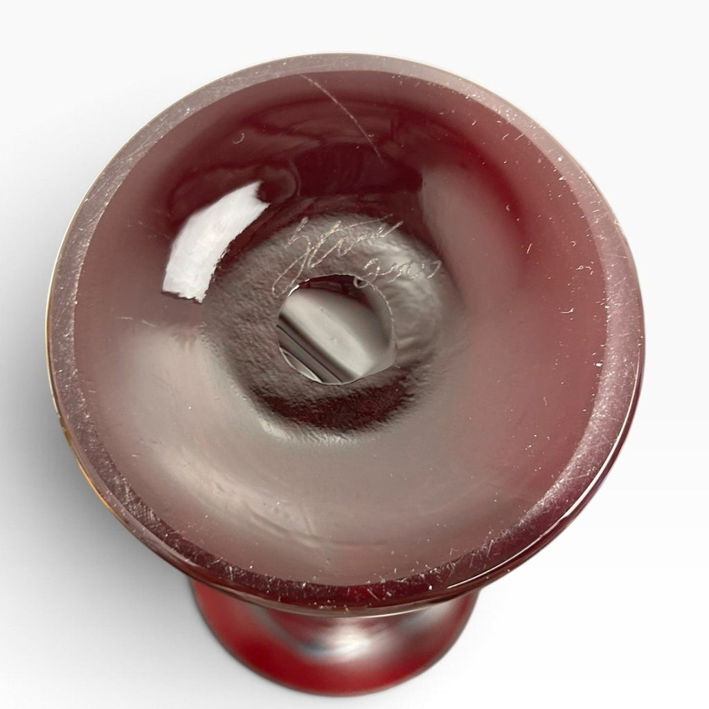 Rick Strini Signed Art Glass Trumpet Vase Cranberry Red Pulled Feather 14"2000