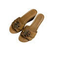 Tory Burch Miller Tan Pebbled Leather Platform Wedge Sandals Gold Logo 7M Brazil