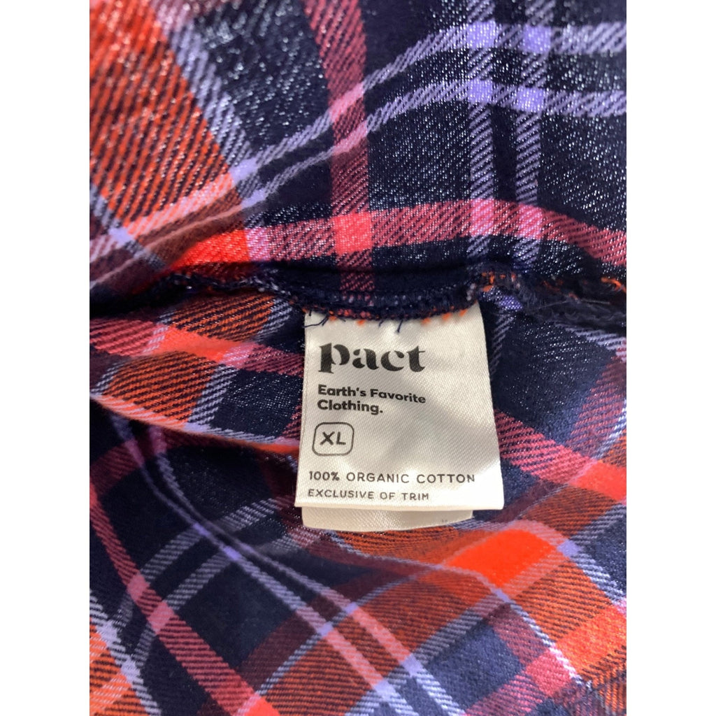 Pact Organic Cotton Flannel Plaid Pajama Top Navy Orange Pink XL Short Sleeve