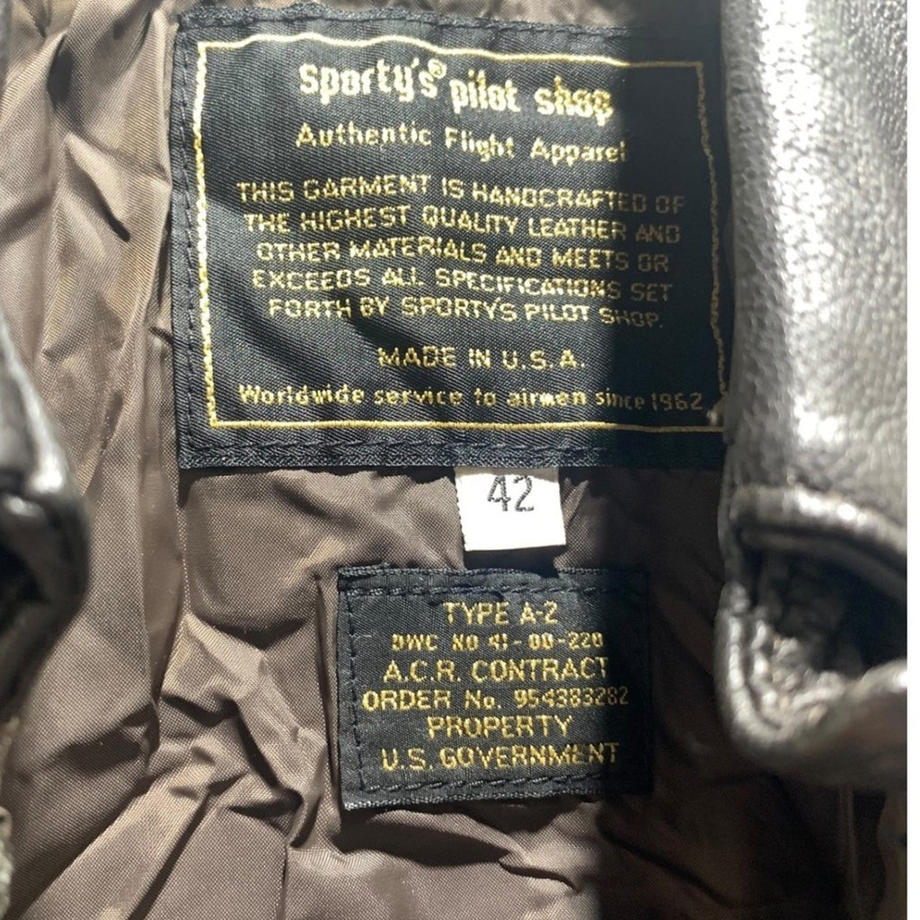 Vtg Sportys Pilot Shop A-2 Leather Bomber Brown Goatskin Flight Jacket 42-L