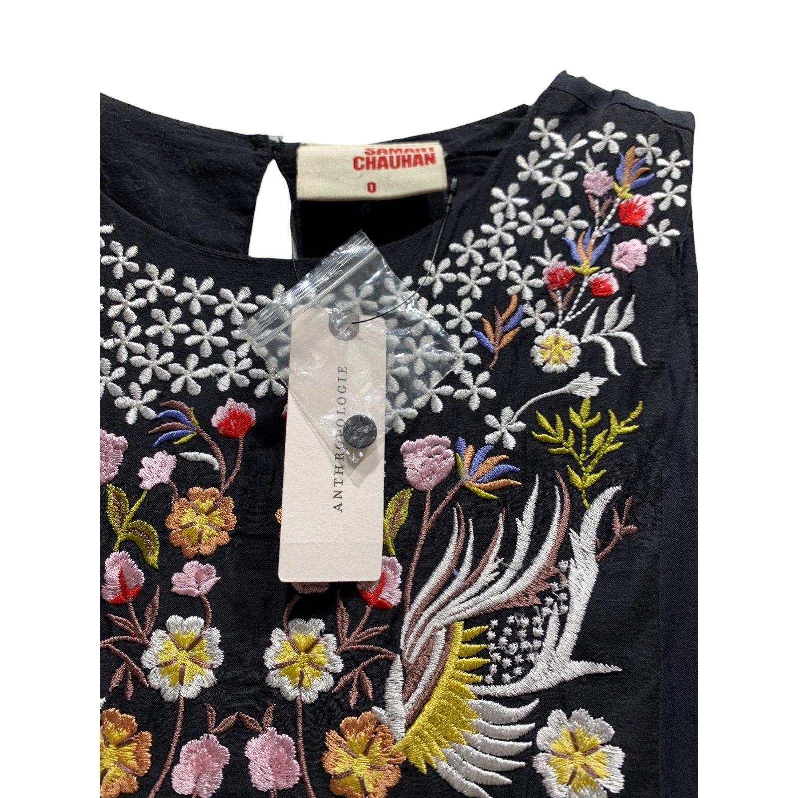 Samant Chauhan Anthropologie Black Embroidered Bird Floral Tiered Maxi Dress 0