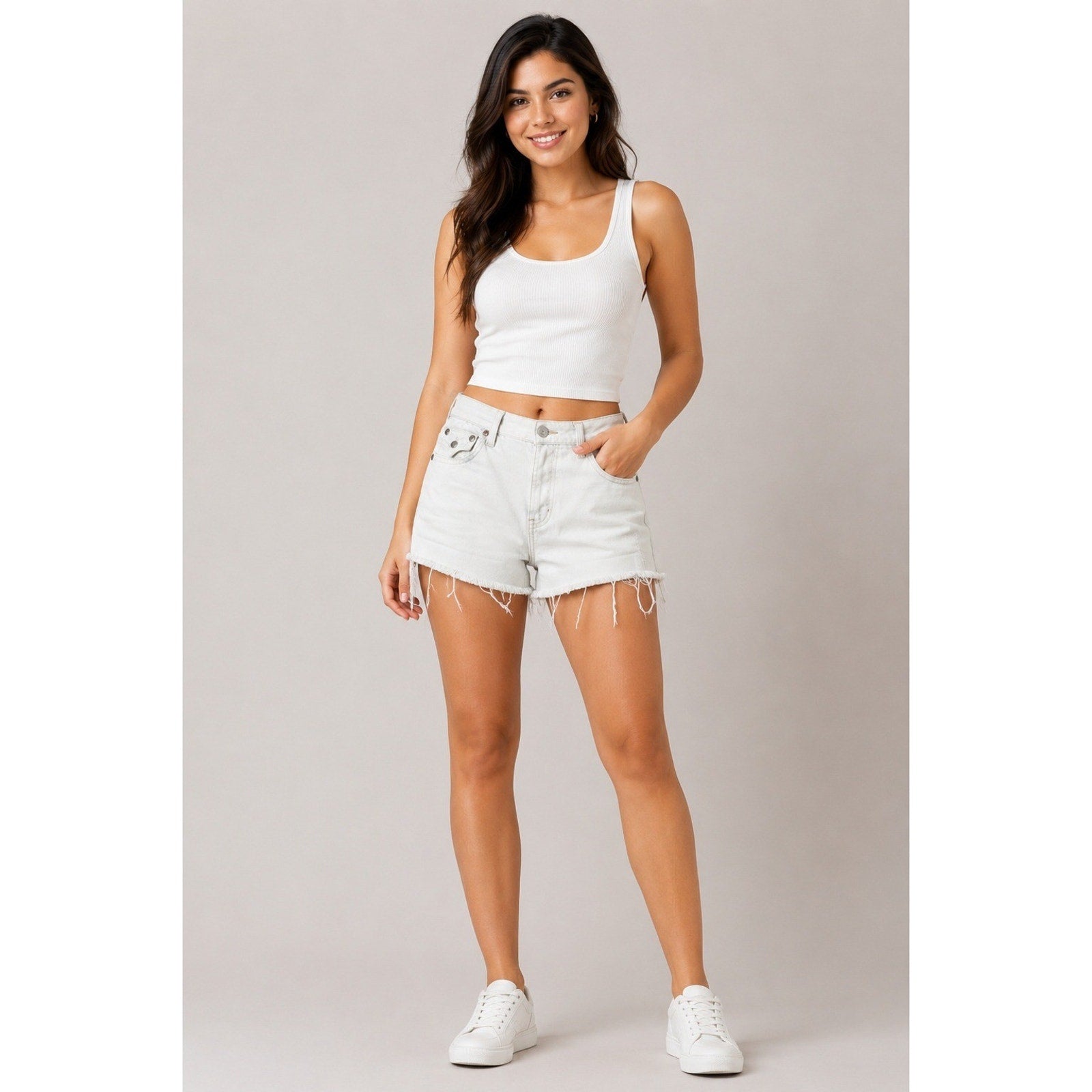 True Religion Jayde White Denim Cut Off Shorts Horseshoe Flap Pocket USA Size 26