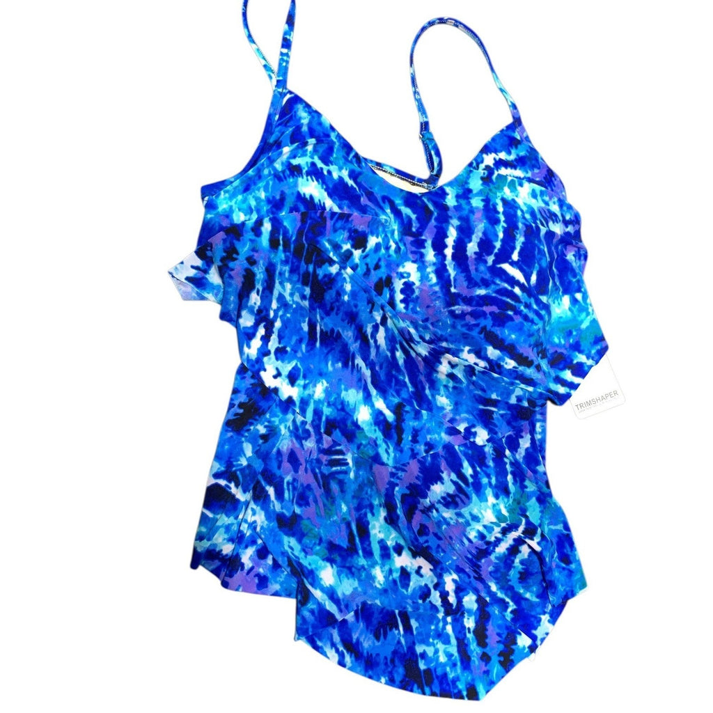 Trimshaper Women Blue Tie Dye Ruffle Tiered Slimming Tankini Top Size 10 6557224