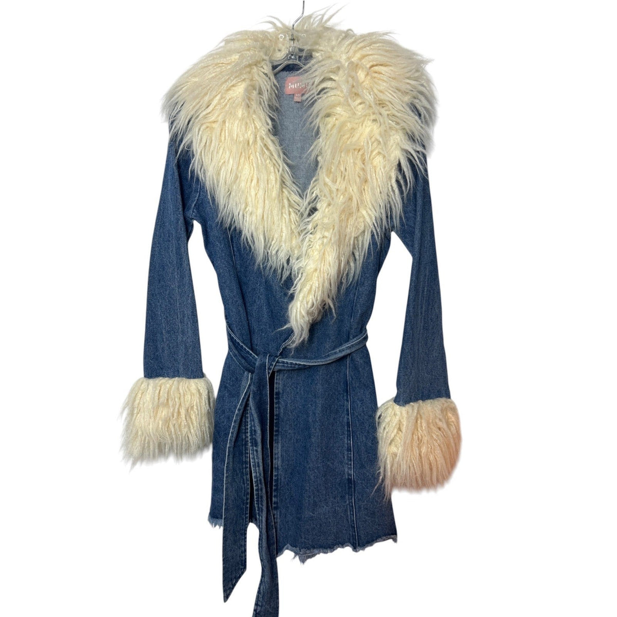 Show Me Your Mumu Penny Lane Coat Blue Denim Faux Fur Trim Wrap Jacket XS 70s