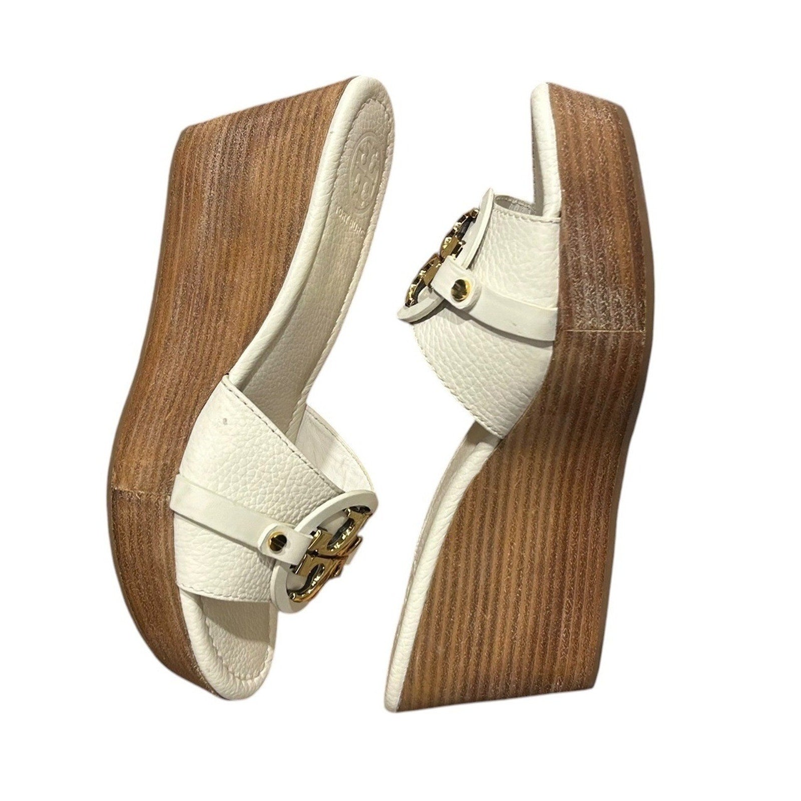 Tory Burch Selma Leather Wedge Sandals White Pebbled Leather Gold Logo 6.5M