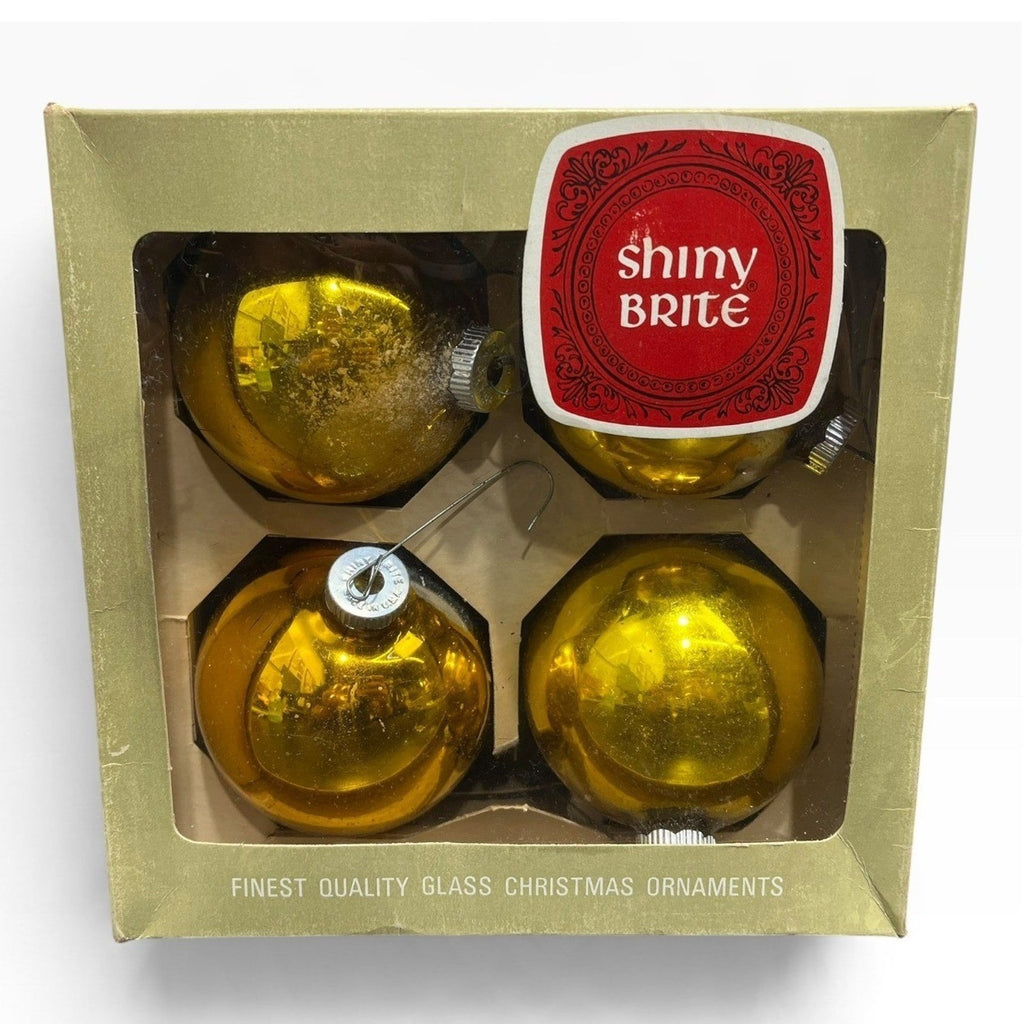 Vintage Jumbo Shiny Brite Gold Glass Christmas Ornaments 3in Made in USA Box