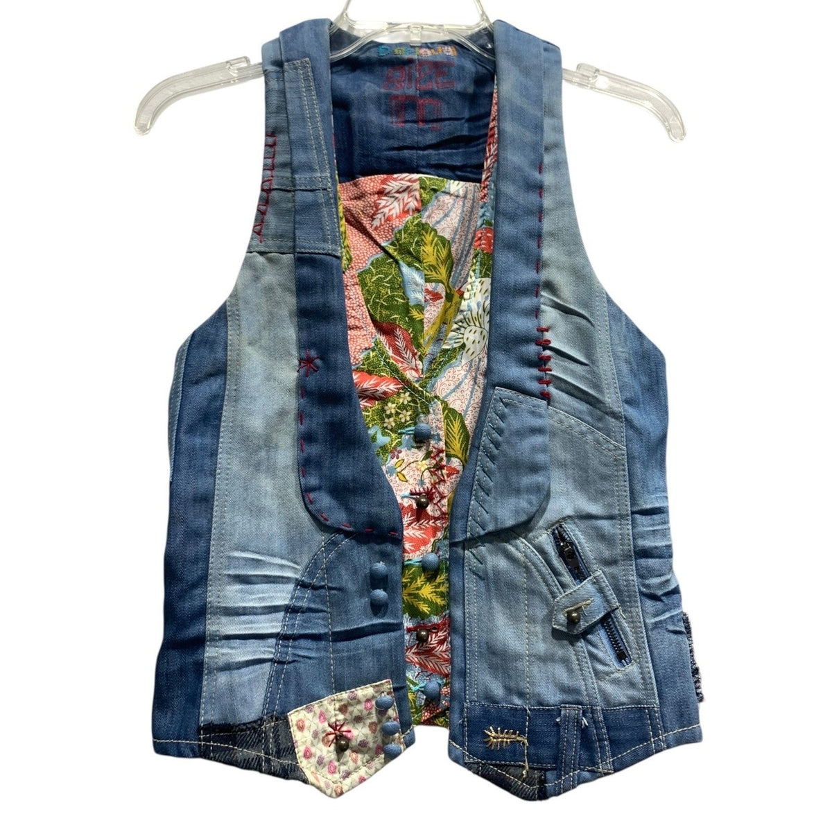 Desigual Patchwork Denim Vest Blue Floral Embroidered Boho Artisanal Size M y2k