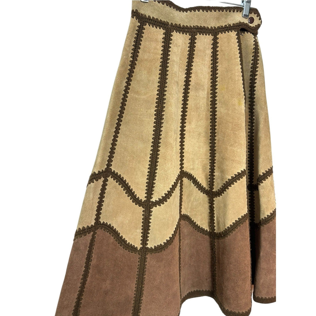Young East Vintage 70s Patchwork Suede Leather Crochet Trim Midi Skirt Brown 7/8