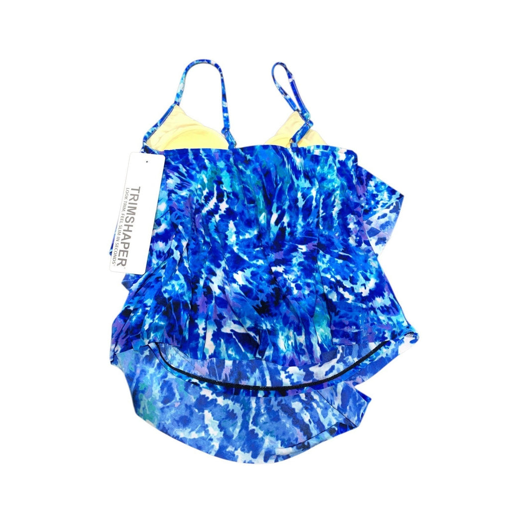 Trimshaper Women Blue Tie Dye Ruffle Tiered Slimming Tankini Top Size 10 6557224