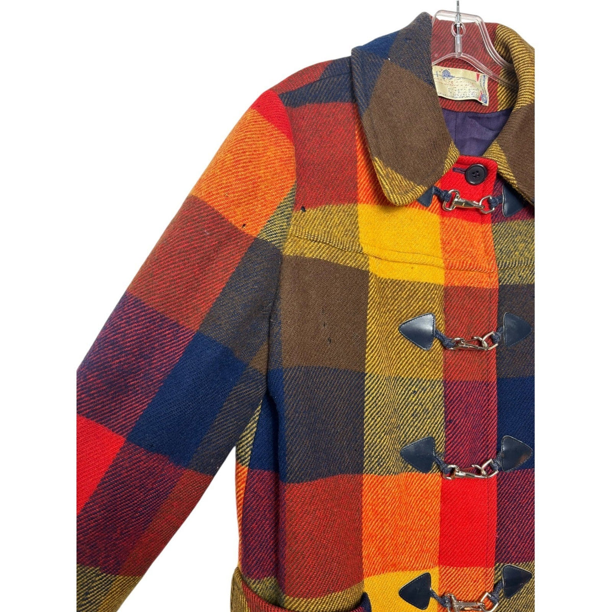 Vintage Pendleton Knockabouts Wool Plaid Coat Lobster Claw Toggle Red Orange L