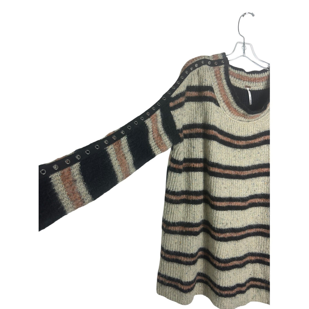 Free People Sid Stripe Tunic Sweater Cream Black Rust Grommet Sleeve Large boho