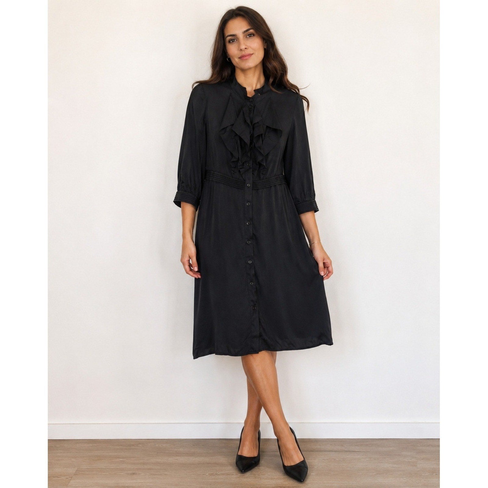 Club Monaco Womens Black 100% Silk Ruffle Front Mock Neck Dress Size 4 00200653
