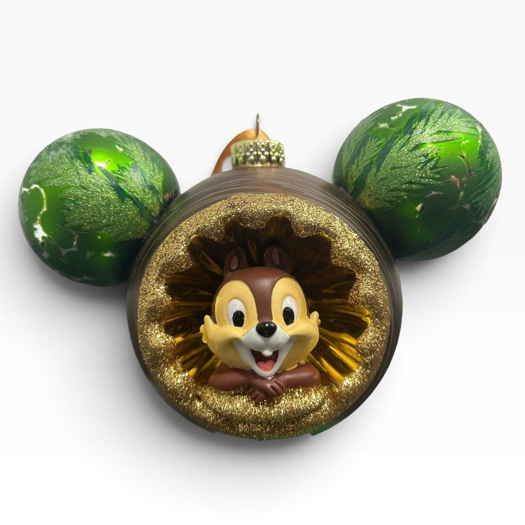 Disney Parks Chip n Dale Blown Glass Mickey Icon Christmas Ornament Green Gold