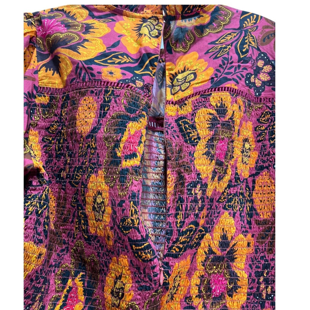 Farm Rio Garden Bloom Smocked Floral Crop Blouse Pink Orange Size M