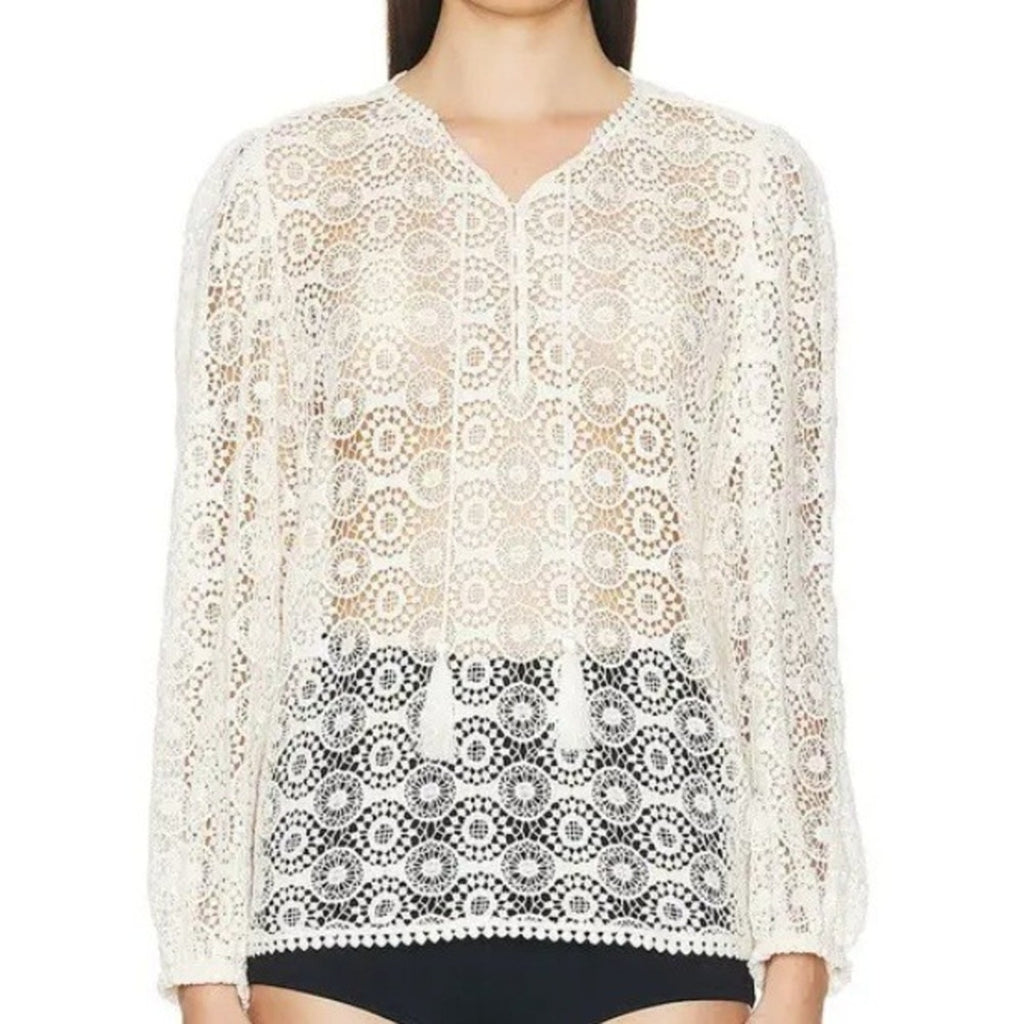 FRAME Cream Crochet Lace Boho Long Sleeve Tassel V Neck Blouse Top M/M