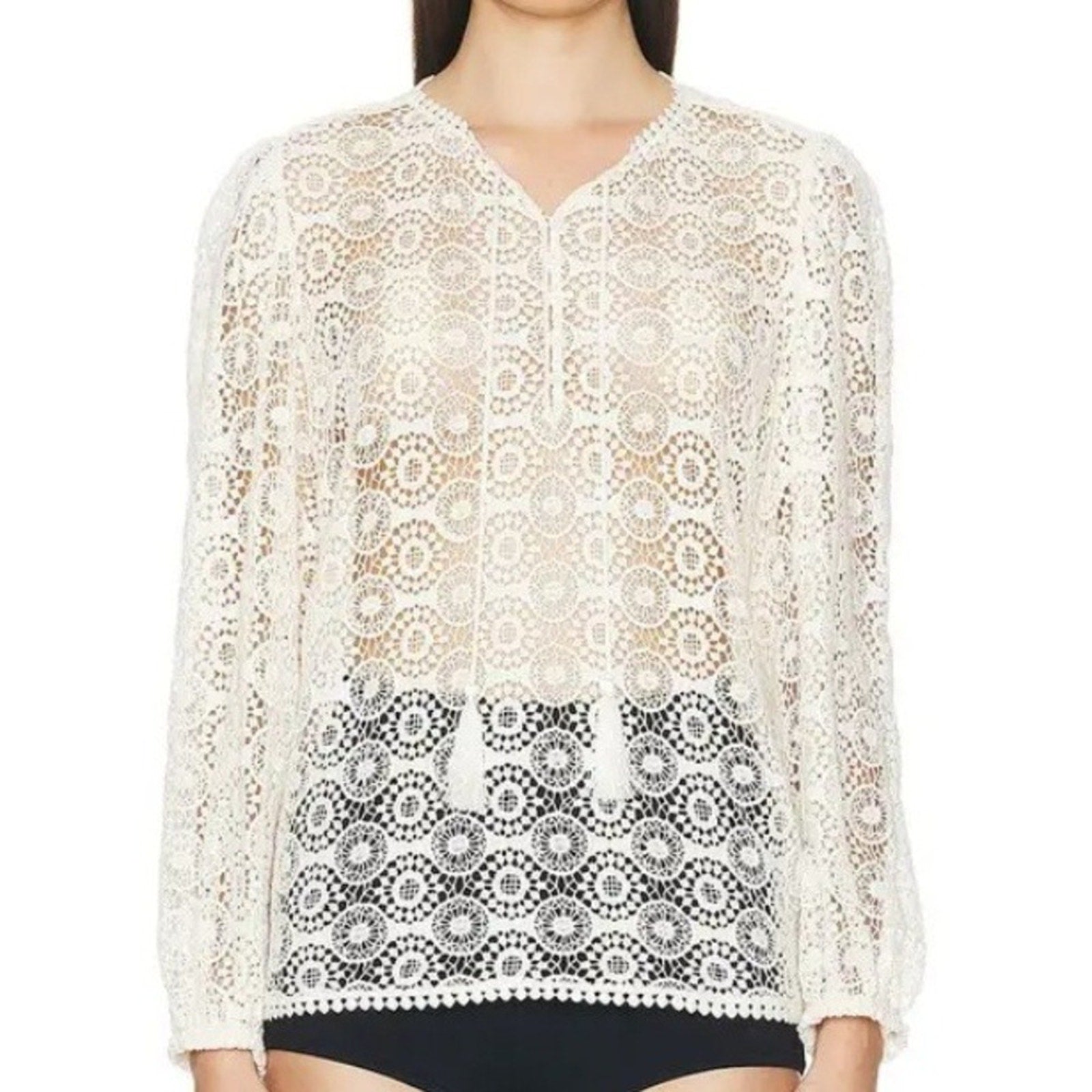 FRAME Cream Crochet Lace Boho Long Sleeve Tassel V Neck Blouse Top M/M
