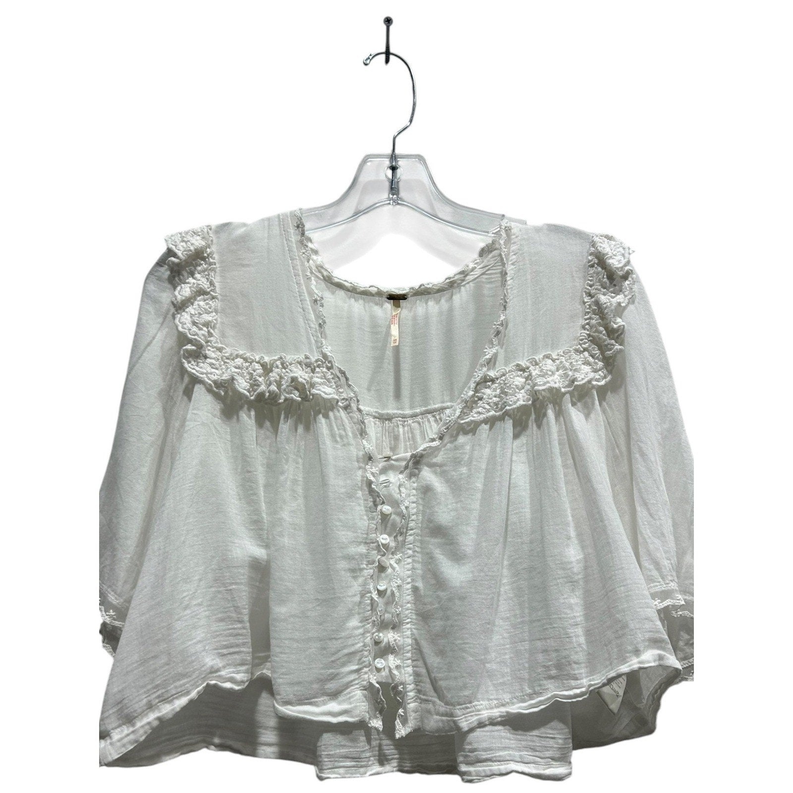 Free People White Crochet Lace Trim Buttons Gauze Boho Blouse XS Cottagecore air