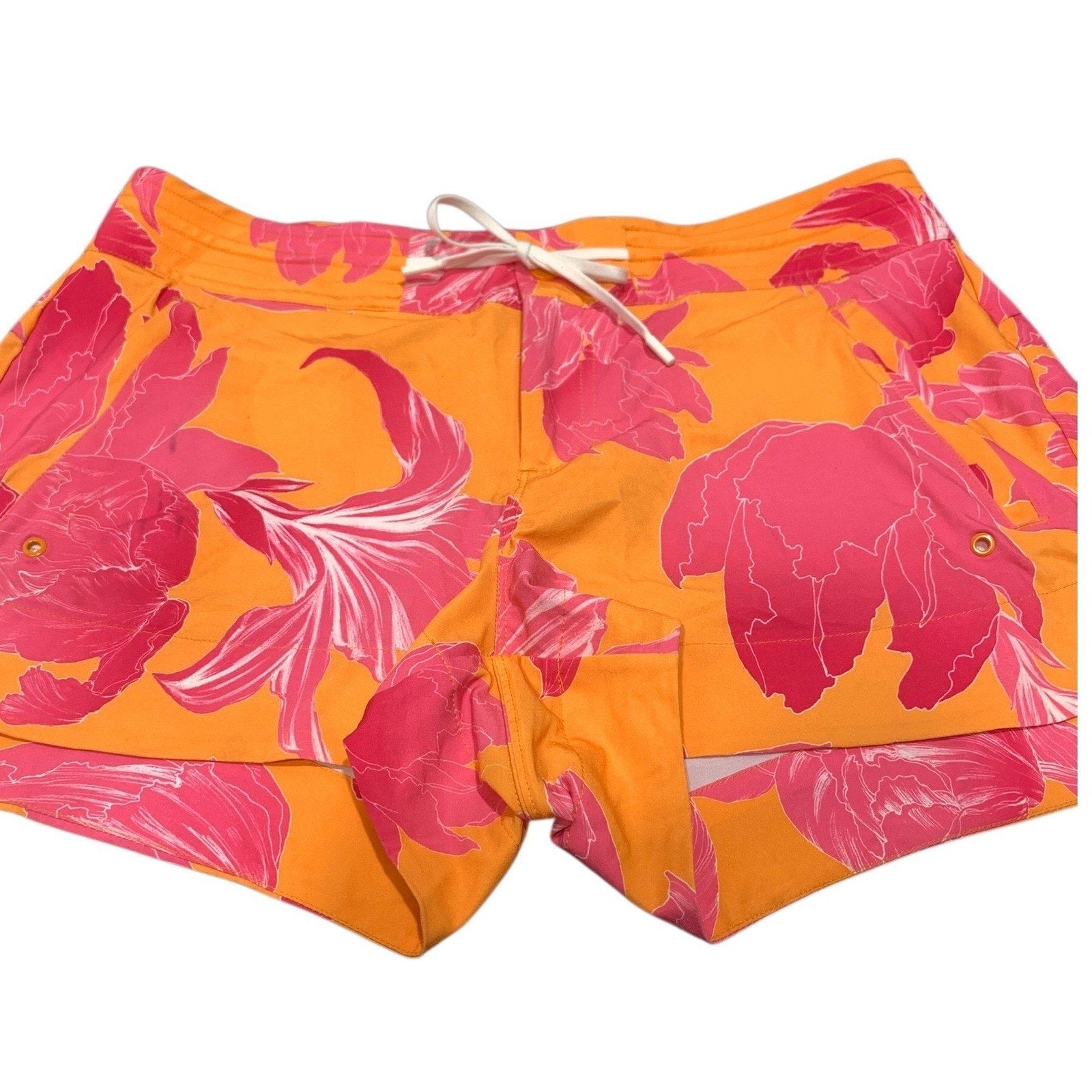 Athleta Women 10 Orange Pink Floral Tropical Board Shorts Swim Trunks Quick Dry
