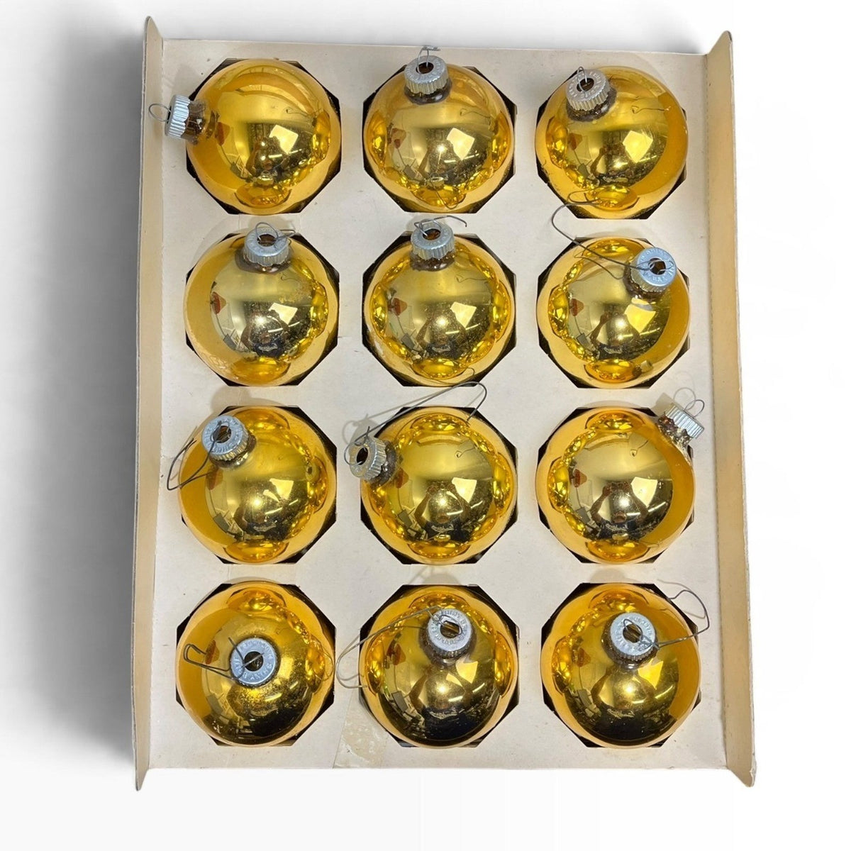 Vintage Shiny Brite Gold Glass Christmas Ornaments Set of 12 Mid Century MCM USA