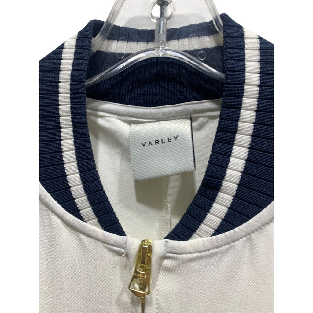 VARLEY Womens White Navy Trim Bomber Jacket Zip Front Athletic Style Size Small